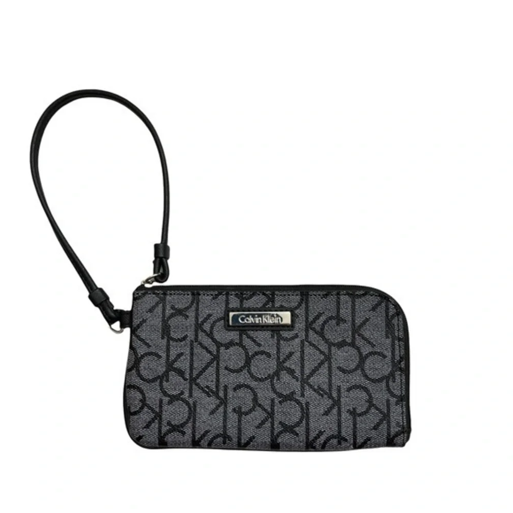Calvin Klein gray black signature ck wristlet bag